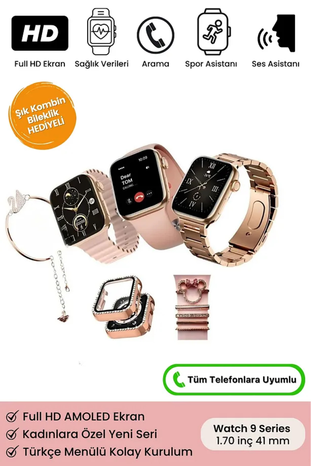 Kadın Akıllı Saat Rose Gold G 9 Mini Pluss 3 Kordon Watch Kılıf Bileklik Charm Süs Hediyeli